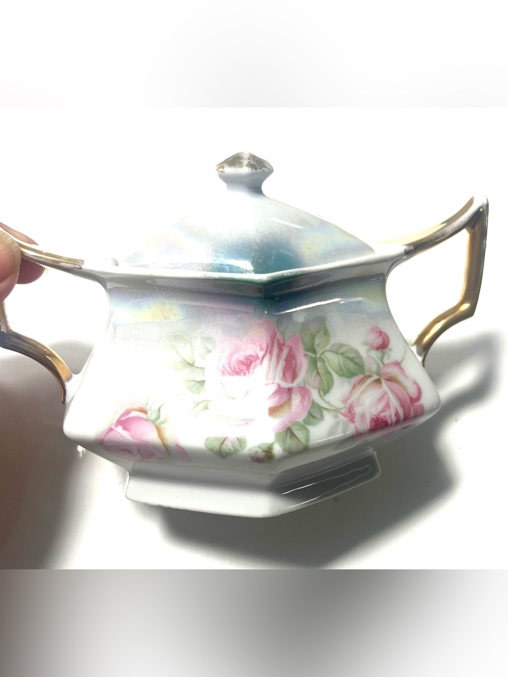 VTG German made Porcelain Sugar Bowl with Pink Rose Floral Design